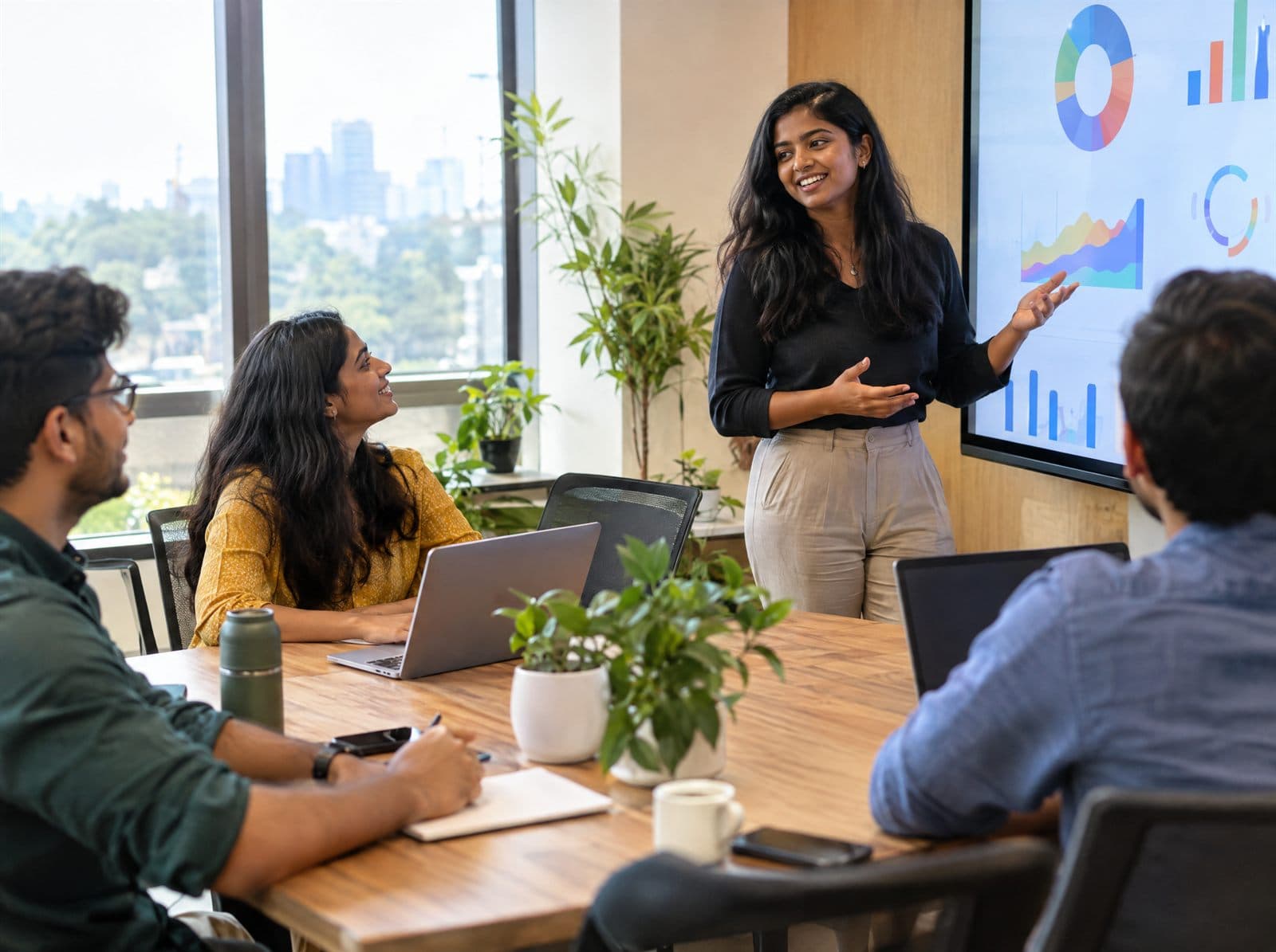 Team member presenting ideas on a screen to colleagues in a bright, friendly office