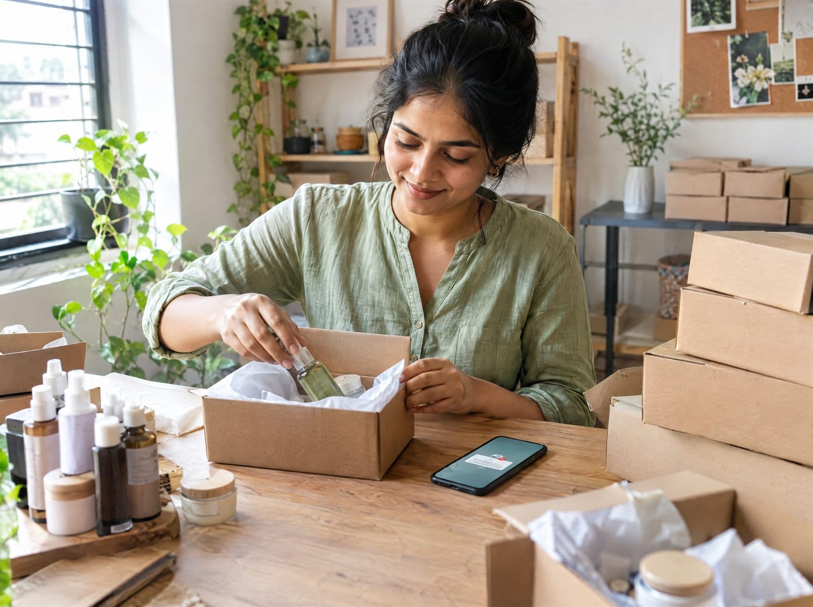 Entrepreneur packing skincare products into kraft boxes for online orders