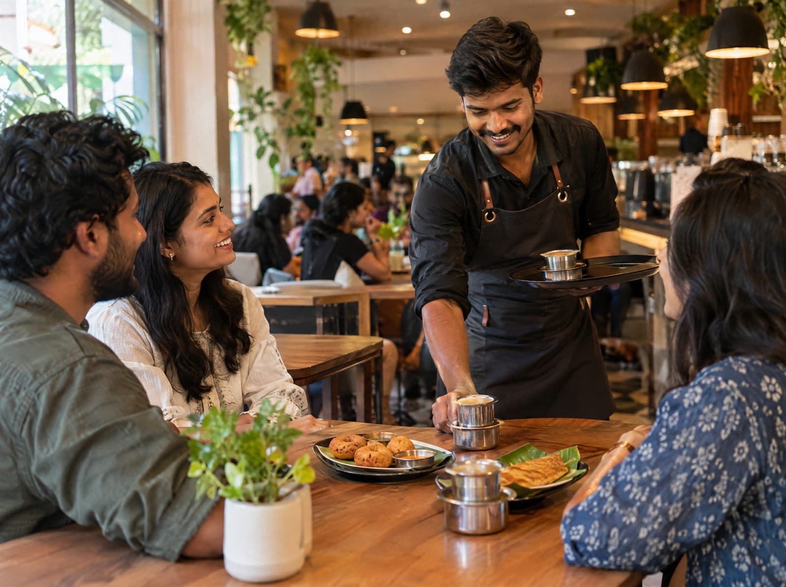 Barista serving filter coffee and snacks to friends in a busy café